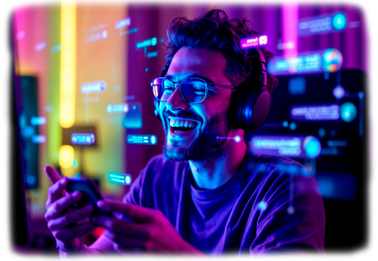 Dev com fones de ouvido em ambiente neon — Rocketseat × UniAnchieta
